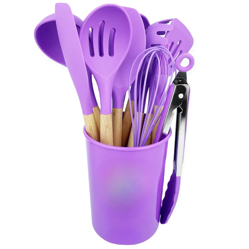 Kit com 12 Utensílios de Cozinha em Silicone com Cabo de Madeira