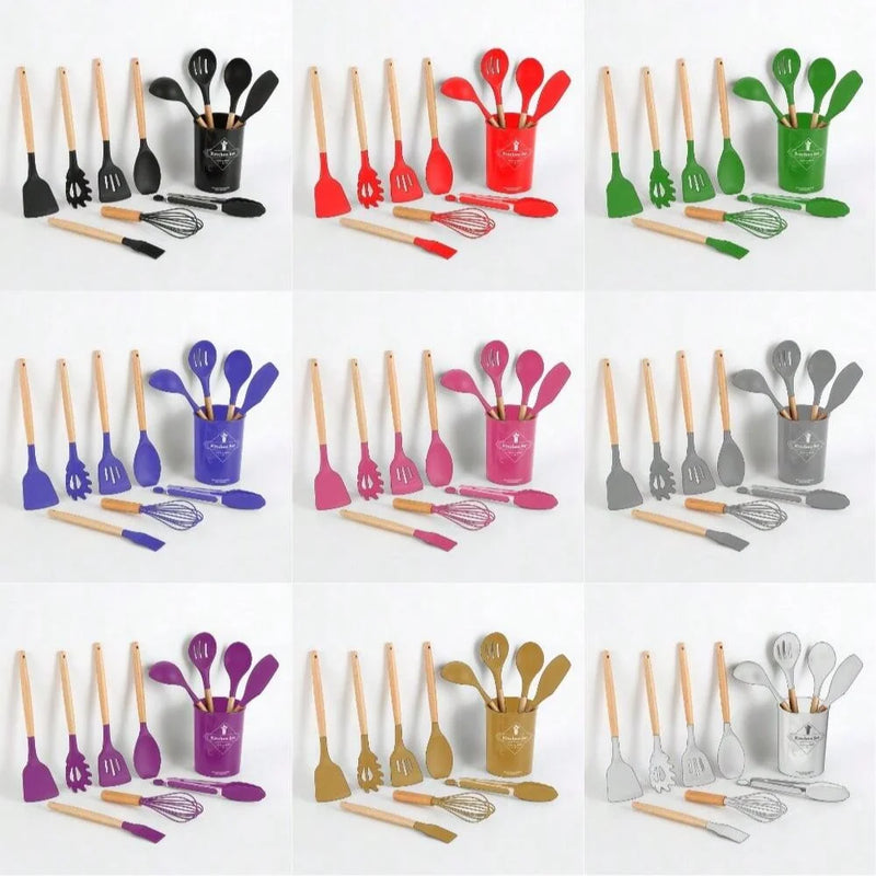 Kit com 12 Utensílios de Cozinha em Silicone com Cabo de Madeira