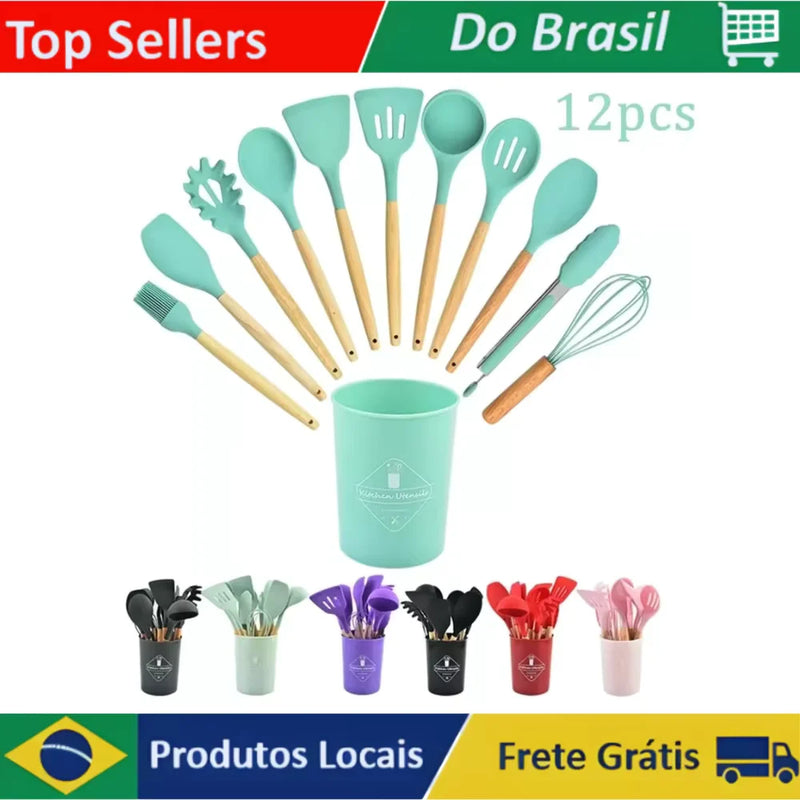 Kit com 12 Utensílios de Cozinha em Silicone com Cabo de Madeira