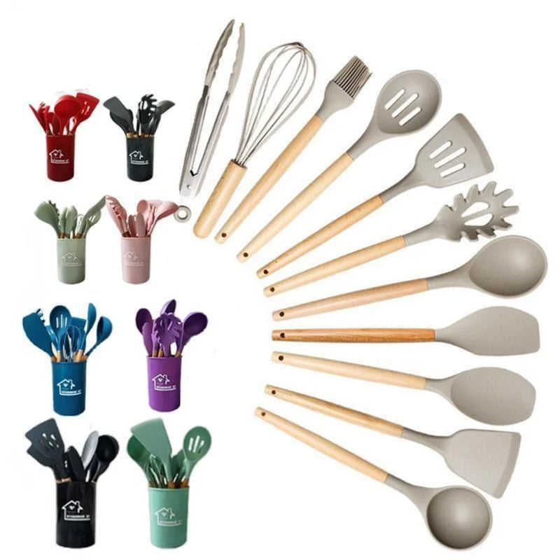 Kit com 12 Utensílios de Cozinha em Silicone com Cabo de Madeira