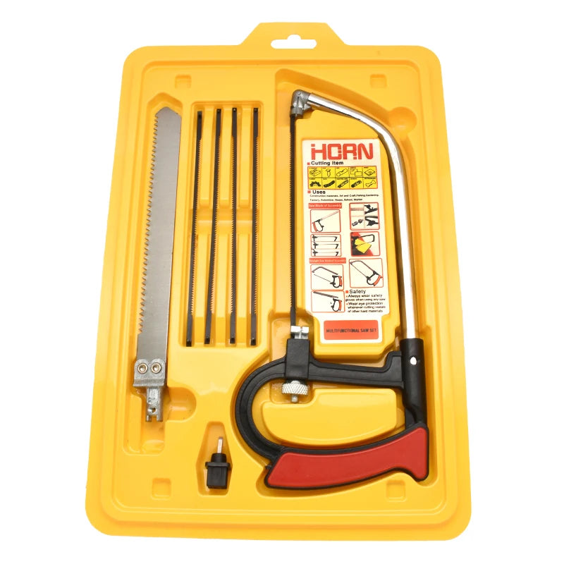 Kit de Serra Multifuncional 8 em 1 - Serra de Aço para Múltiplos Usos Manual DIY - Serra para Metal, Madeira e Vidro com 6 Lâminas para Marcenaria, Metalurgia e Modelismo