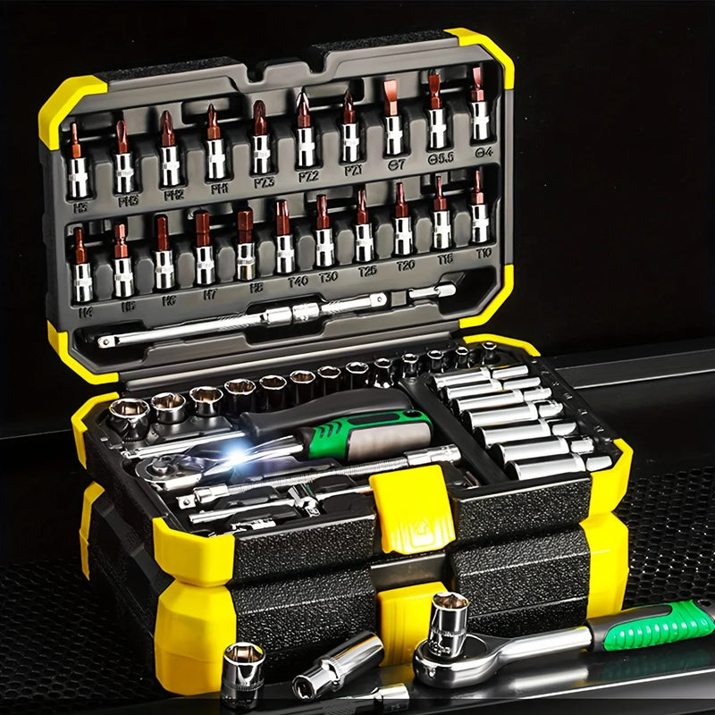 Conjunto de 53 Peças de Chave de Catraca com Soquete de 1/4 Polegada, com Extensão para Broca de Soquete, Ideal para Reparos Automotivos, Acompanhado de Estojo