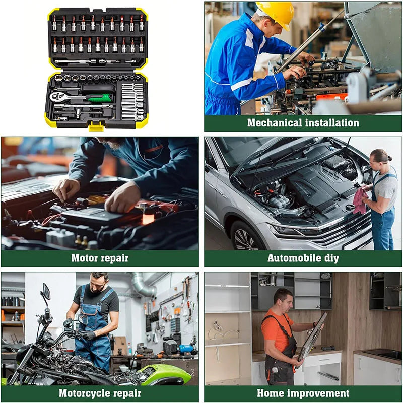 Conjunto de 53 Peças de Chave de Catraca com Soquete de 1/4 Polegada, com Extensão para Broca de Soquete, Ideal para Reparos Automotivos, Acompanhado de Estojo