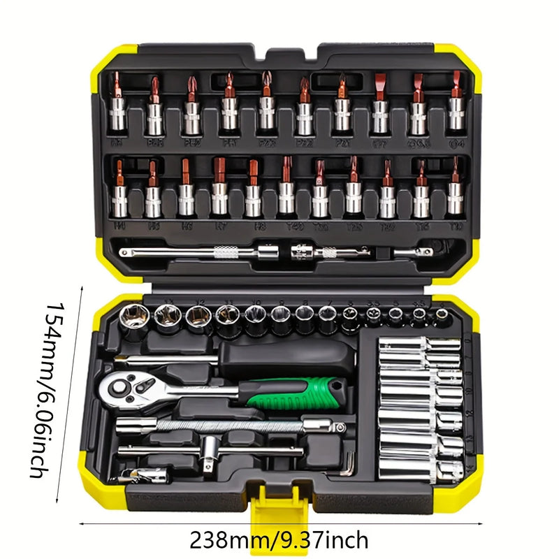 Conjunto de 53 Peças de Chave de Catraca com Soquete de 1/4 Polegada, com Extensão para Broca de Soquete, Ideal para Reparos Automotivos, Acompanhado de Estojo