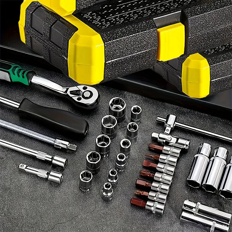Conjunto de 53 Peças de Chave de Catraca com Soquete de 1/4 Polegada, com Extensão para Broca de Soquete, Ideal para Reparos Automotivos, Acompanhado de Estojo